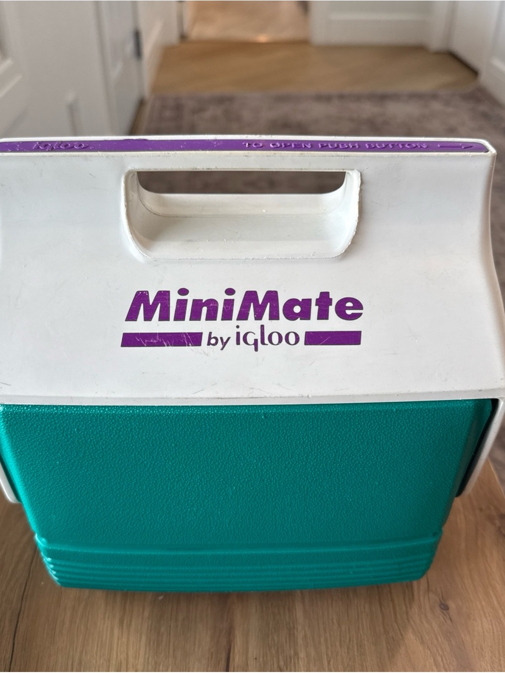 Vintage Igloo MiniMate Cooler in Teal and White with Purple Logo